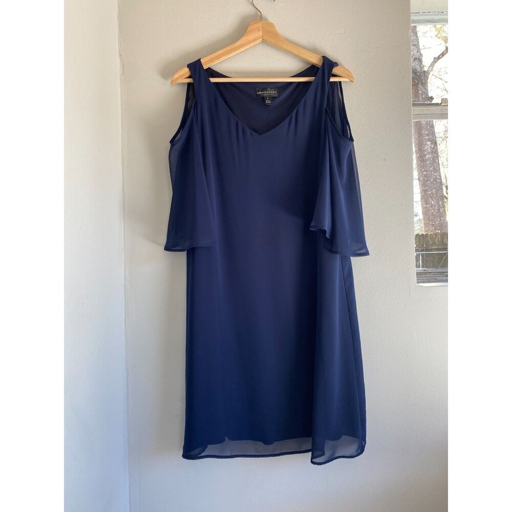 Connected Apparel navy cold shoulder sheer sleeves dress size 8